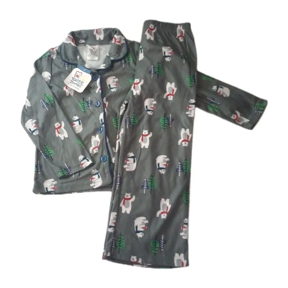 NWT Toast & Jammies Gray Polar Bear 2pc PJ Set sz XS Boys Button Up Top + Pants